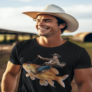 Grappige cowboy rijden op een vis t-shirt