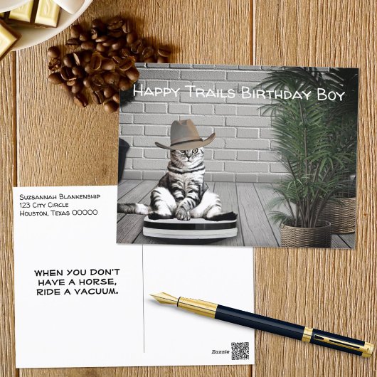 Grappige Cowboyhoed Kat op een Stofzuiger Verjaard Briefkaart
