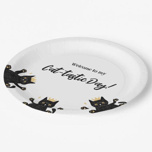 Grappige Crown Black Cat Verjaardag Papieren Bordje (Gekanteld)
