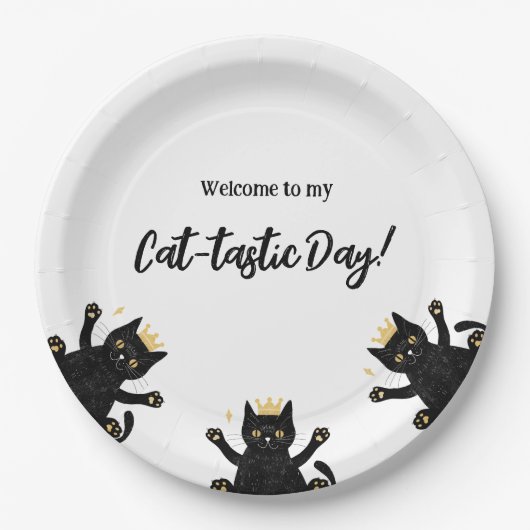 Grappige Crown Black Cat Verjaardag Papieren Bordje (Voorkant)