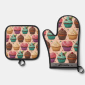 Grappige Cupcakes (gepersonaliseerd) Ovenwant & Pannenlap Set (Voorkant)