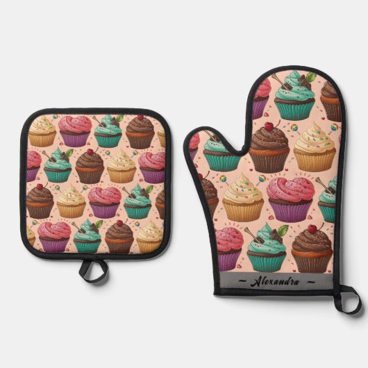 Grappige Cupcakes (gepersonaliseerd) Ovenwant & Pannenlap Set (Voorkant)