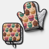 Grappige Cupcakes (gepersonaliseerd) Ovenwant & Pannenlap Set (Voorkant / Achterkant)