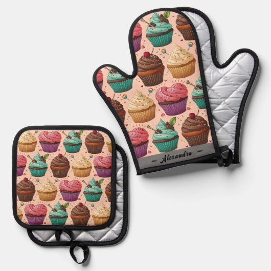 Grappige Cupcakes (gepersonaliseerd) Ovenwant & Pannenlap Set (Voorkant / Achterkant)