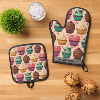 Grappige Cupcakes (gepersonaliseerd) Ovenwant & Pannenlap Set