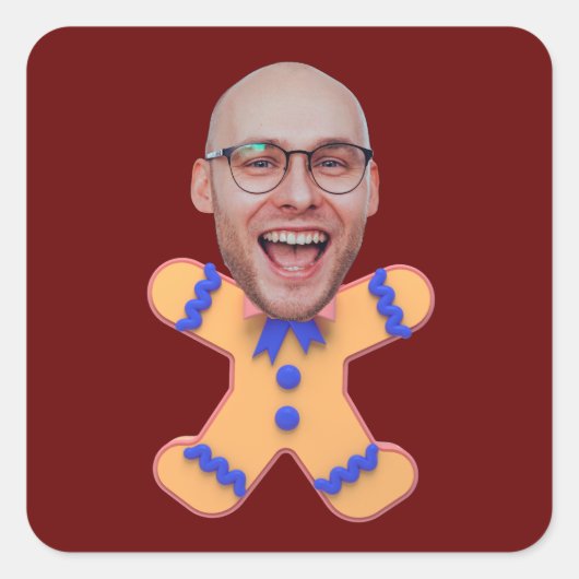 Grappige Custom Face Foto Gingerbread Mannen Kerst Vierkante Sticker (Voorkant)