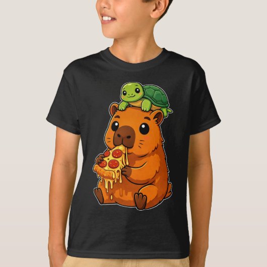 Grappige Cute Capybara Eet Pizza met Turtle Anime T-shirt (Voorkant)