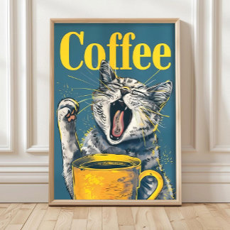 Grappige Cute Coffee Cat Print – Maximalist Dop Poster