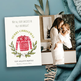 Grappige Cute Lelijke Trui Rood Groen Foto Kerstmi Feestdagenkaart