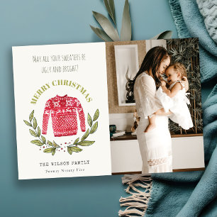Grappige Cute Lelijke Trui Rood Groen Foto Kerstmi Feestdagenkaart
