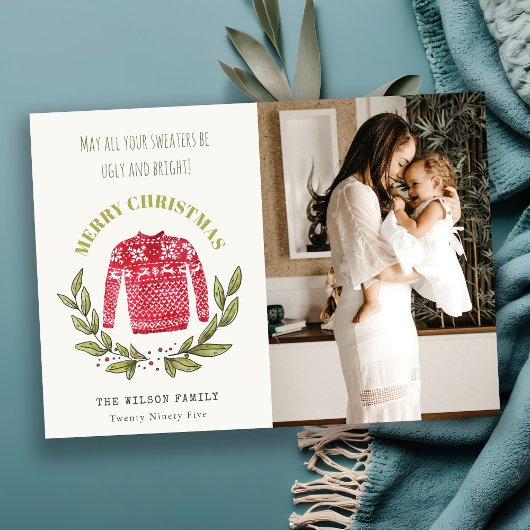 Grappige Cute Lelijke Trui Rood Groen Foto Kerstmi Feestdagenkaart
