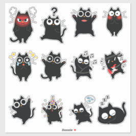 Grappige Cute Zwarte Kat Uitdrukkingen Sticker Pac