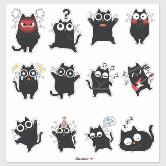 Grappige Cute Zwarte Kat Uitdrukkingen Sticker Pac (Vel)