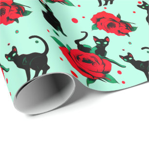 Grappige Cute Zwarte Katten Rode Rozen Patroon Cadeaupapier