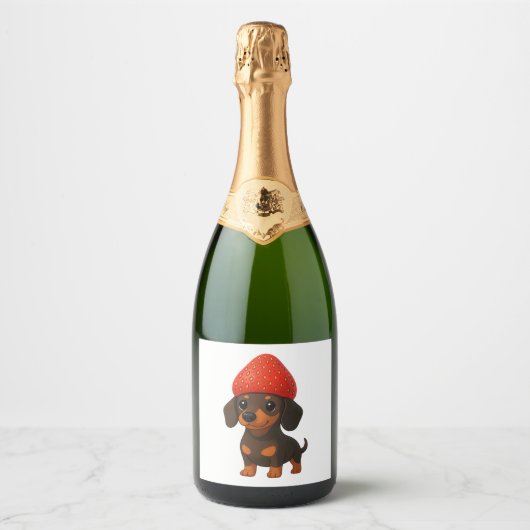 Grappige dachshond met aardbeien en hoed fruitig sparkling wijnetiket (Voorkant)