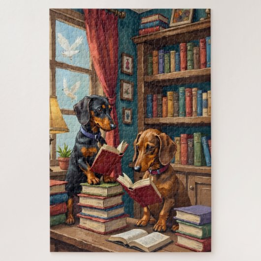 Grappige Dachshund Boekwinkel Lezende Hond Liefheb Legpuzzel (Verticaal)