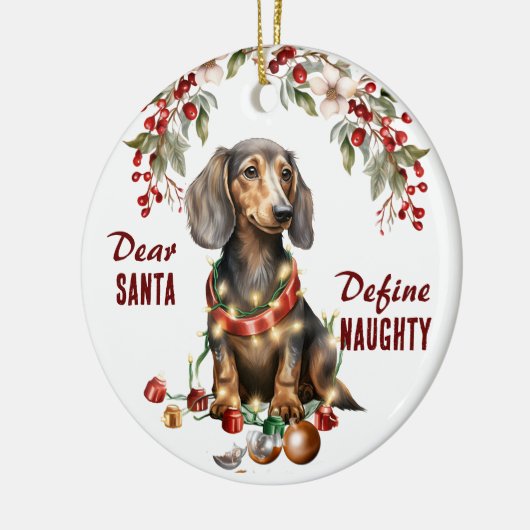 Grappige Dachshund Definieer stoute Kerstmis Keramisch Ornament (Links)
