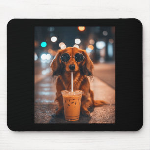 Grappige dachshund die ijskoude koffie drinkt, hon muismat