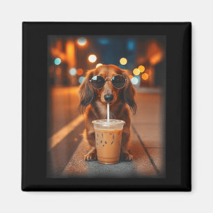 Grappige dachshund die ijskoude koffie drinkt, lie magneet