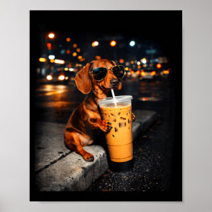 Grappige dachshund die ijskoude koffie drinkt scha poster