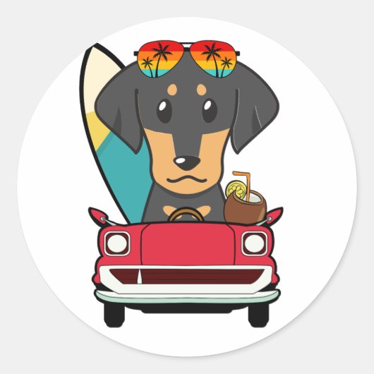 Grappige Dachshund Dog rijdt naar het strand Ronde Sticker (Voorkant)