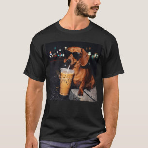 Grappige Dachshund Drinkt Iced Coffee Hond Meme T-shirt