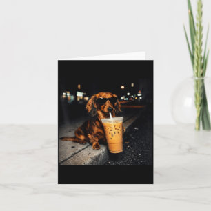 Grappige Dachshund Drinkt IJskoude Koffie Schattig Kaart