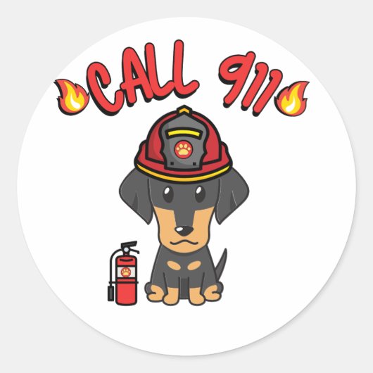 Grappige Dachshund hond is een brandweerman Ronde Sticker (Voorkant)