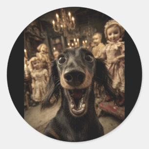 Grappige Dachshund Selfie Y-poppen en Griezeld Hal Ronde Sticker
