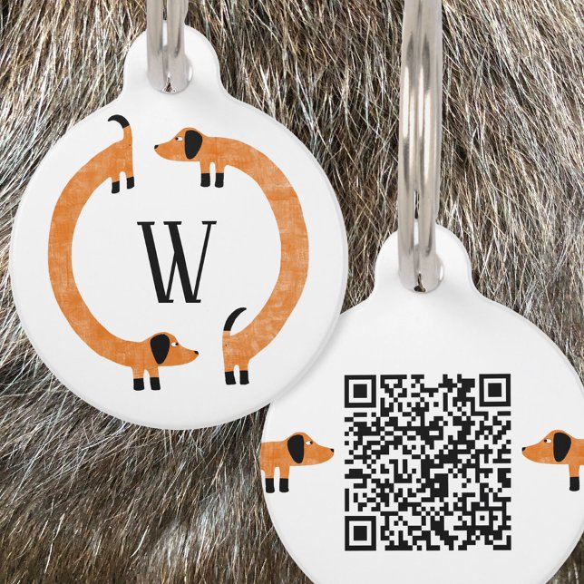 Grappige Dachshund Worst Hond Monogram QR Code Huisdierpenning (Fun monogram and QR code Dachshund dog tag)