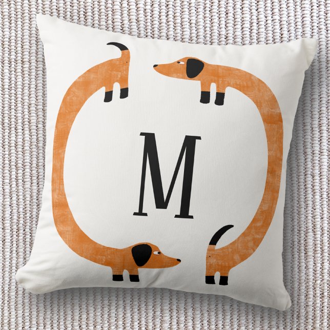 Grappige Dachshund Worst Honden Monogram Kussen (Fun Dachshund wiener dog personalized monogram initial throw pillow)