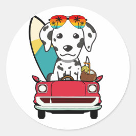 Grappige Dalmatische Hond rijdt naar het strand Ronde Sticker