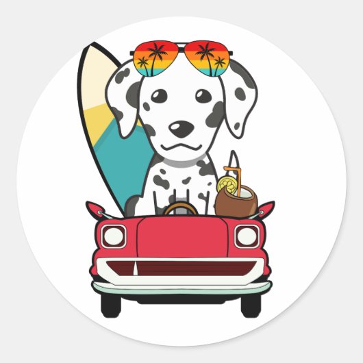 Grappige Dalmatische Hond rijdt naar het strand Ronde Sticker (Voorkant)