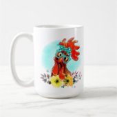 grappige dame die met een gekke kip tekst toevoegt koffiemok (Links)