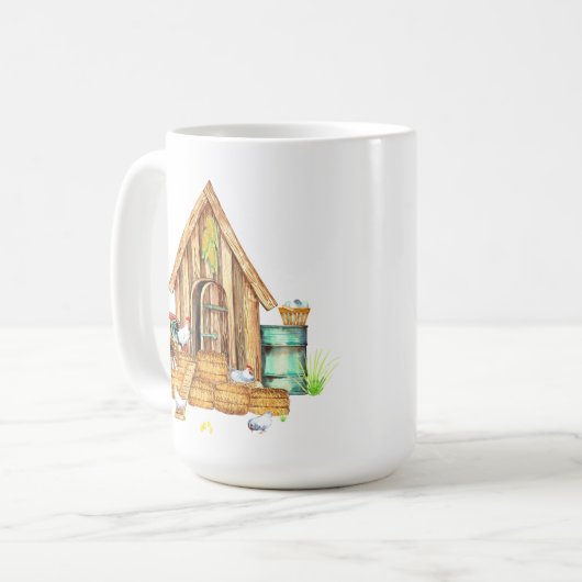 grappige dame die met een gekke kip tekst toevoegt koffiemok (Voorkant links)