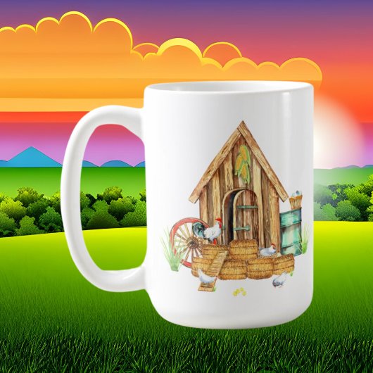 grappige dame die met een gekke kip tekst toevoegt koffiemok