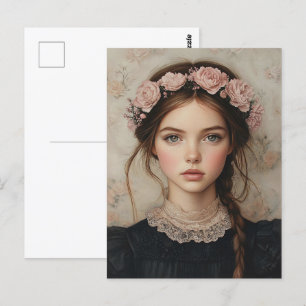 Grappige dame in een bloemenkroon briefkaart