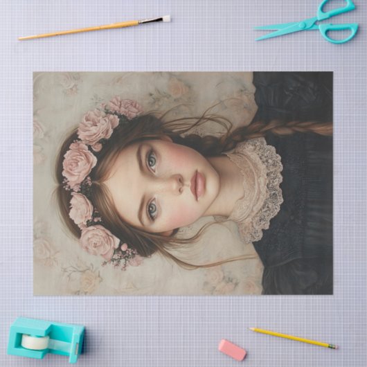 Grappige dame in een bloemenkroon tissuepapier (Craft)