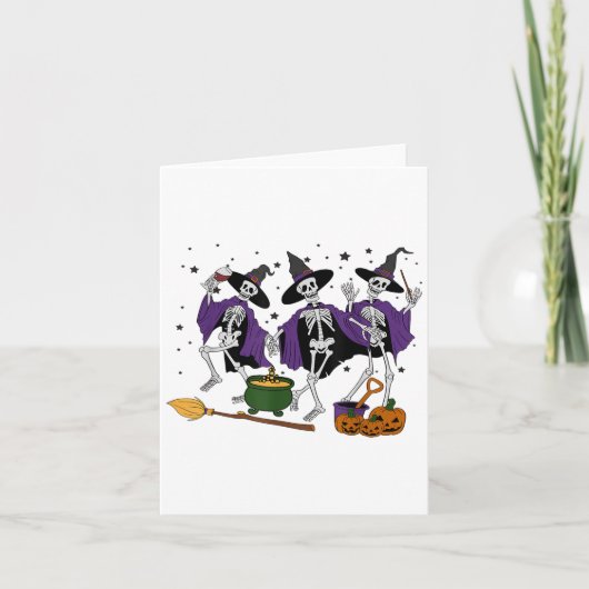 Grappige Dancing Skeleton Witch Halloween Wijnheks Kaart (Voorkant)