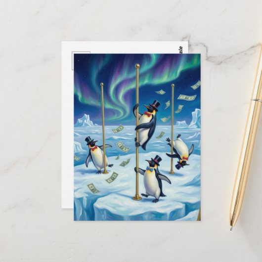 Grappige Dansende Pinguïns Noordpool Geld Regent Briefkaart (Voorkant / Achterkant in situ)