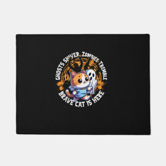 Grappige dappere kat die angstige geest loopt die  deurmat