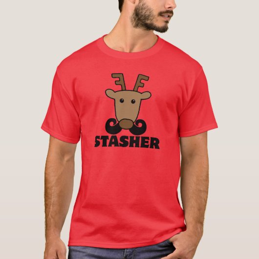 grappige dasher stasher snor rendier t-shirt (Voorkant)