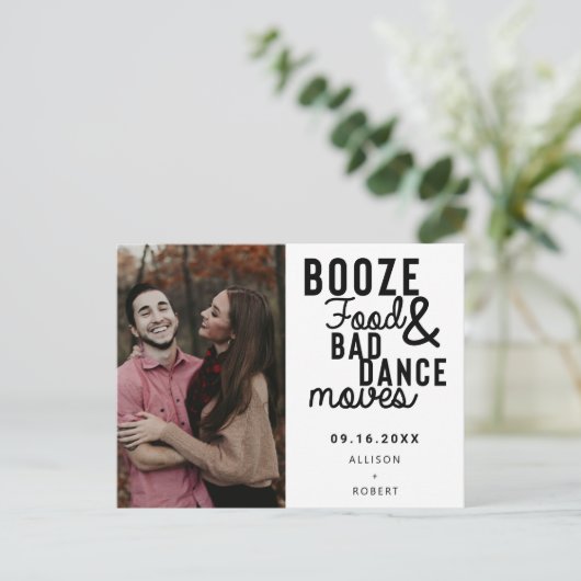 Grappige datum foto van drank, eten en slechte dan aankondigingskaart (Staand voorkant)