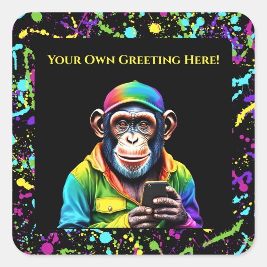 Grappige dier-chimpansee met telefoon- vierkante sticker (Voorkant)