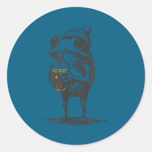 Grappige dier meme kikker drinkt ijskoude koffie m ronde sticker