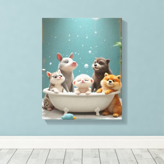 Grappige dieren in bad canvas afdruk (Insitu (Houten vloer))