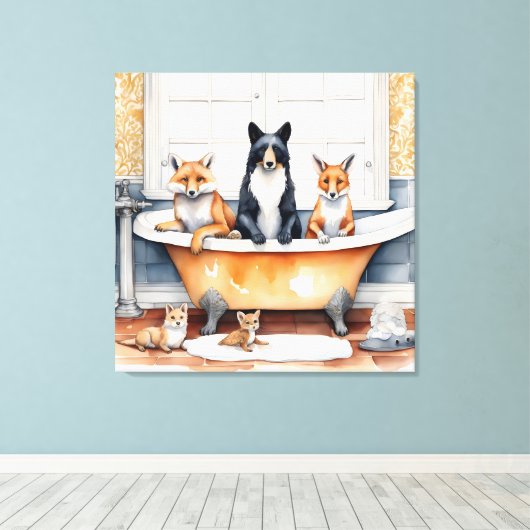 Grappige dieren in bad canvas afdruk (Insitu (Houten vloer))