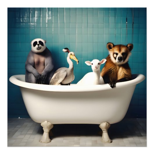 Grappige dieren in de badkamer foto afdruk (Voorkant)