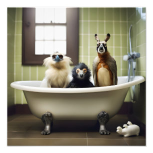 Grappige dieren in de badkamer foto afdruk