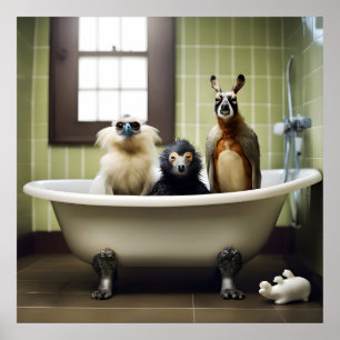 Grappige dieren in de badkamer poster